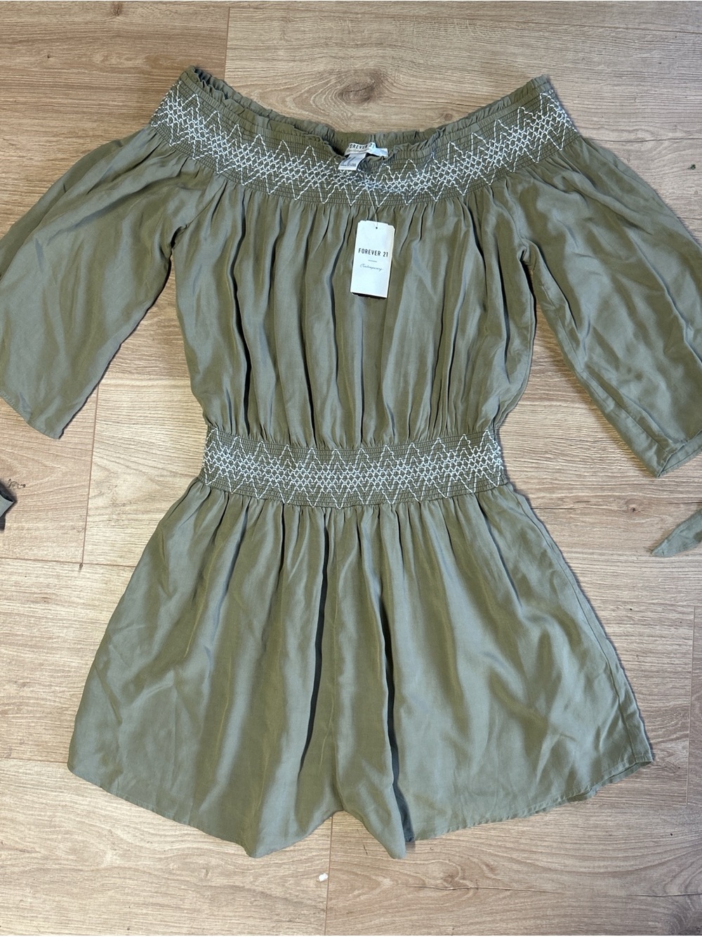 Forever 21 Olive Green Smocked Top with White‎ Embroidery Romper